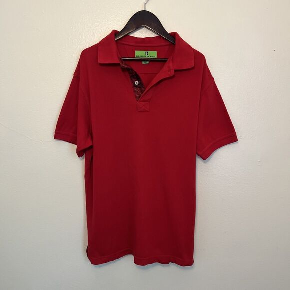 Bristol & Bull Contrast Silk Paisley Collared Pique Cotton Polo Shirt, Red- Med. - Picture 1 of 10